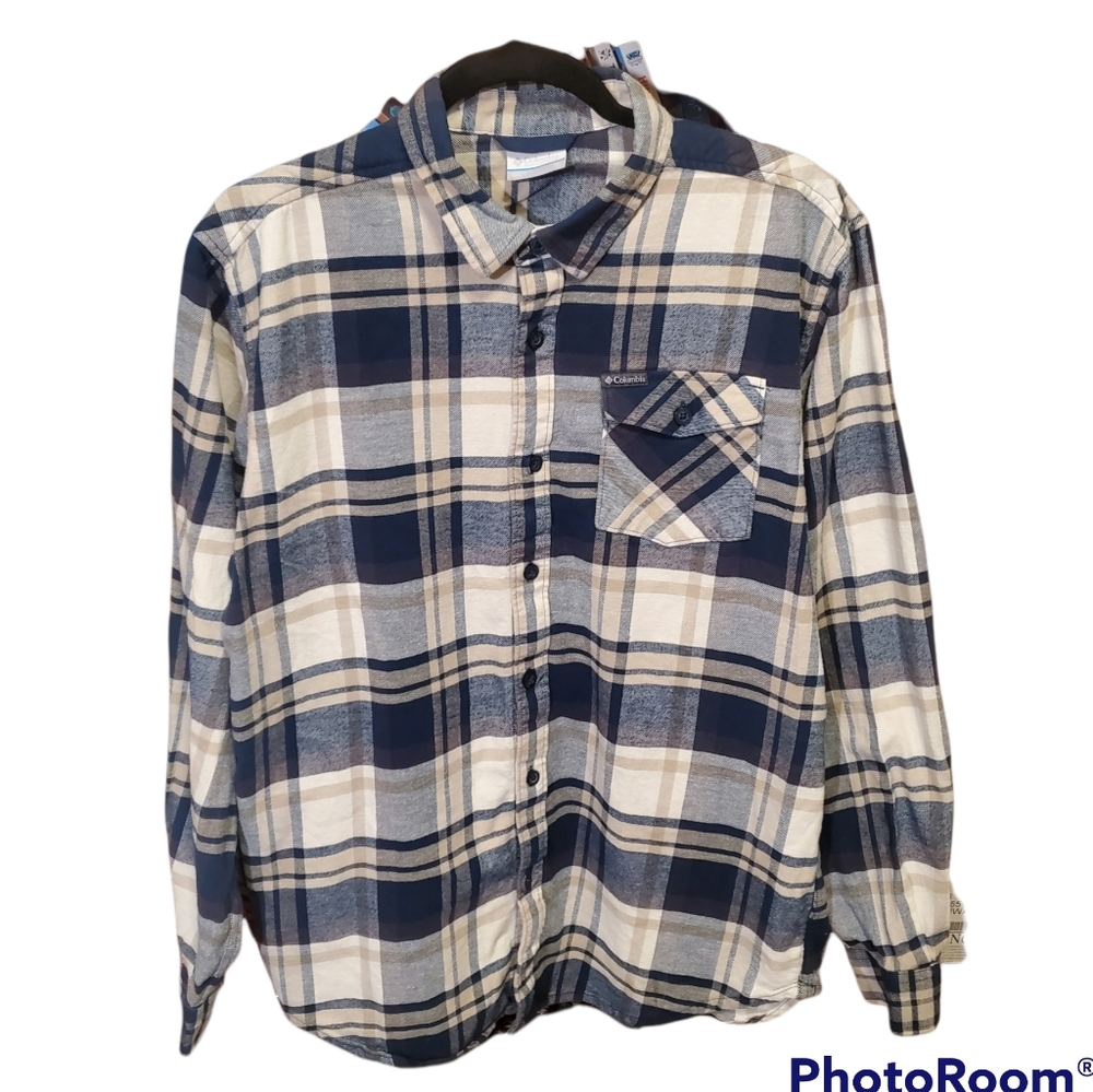 COLUMBIA flannel blue and white cotton M medium men's women's unisex